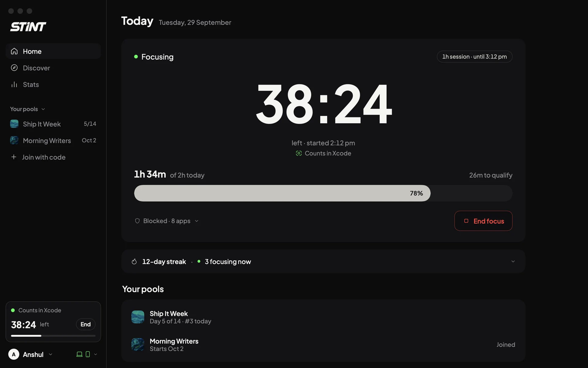 Stint on a Mac during a focus session: 38 minutes left, counting work in Xcode, 1 hour 34 minutes of the 2 hour daily goal done